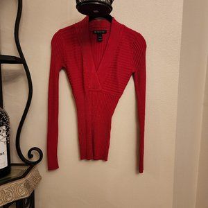 INC International Concepts Women's RIbbed V- Neck Long Sleeve Sweater Top - Red